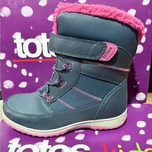 totes Kids Navy Boots with Pink Trim